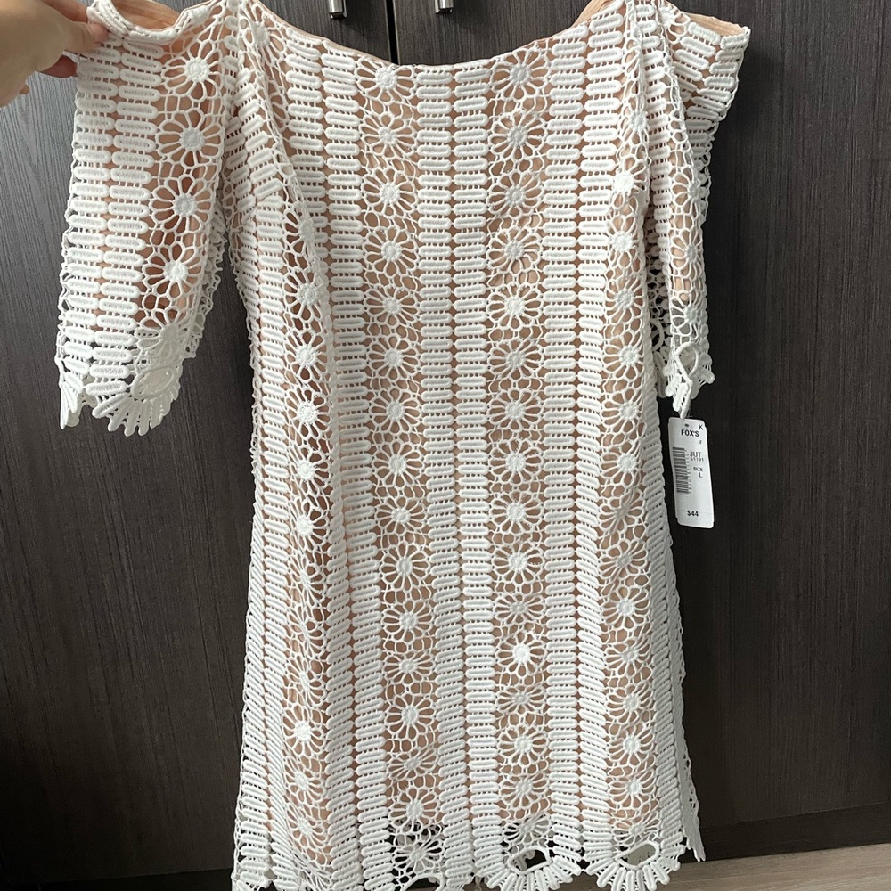 Off shoulder white and nude lace dress